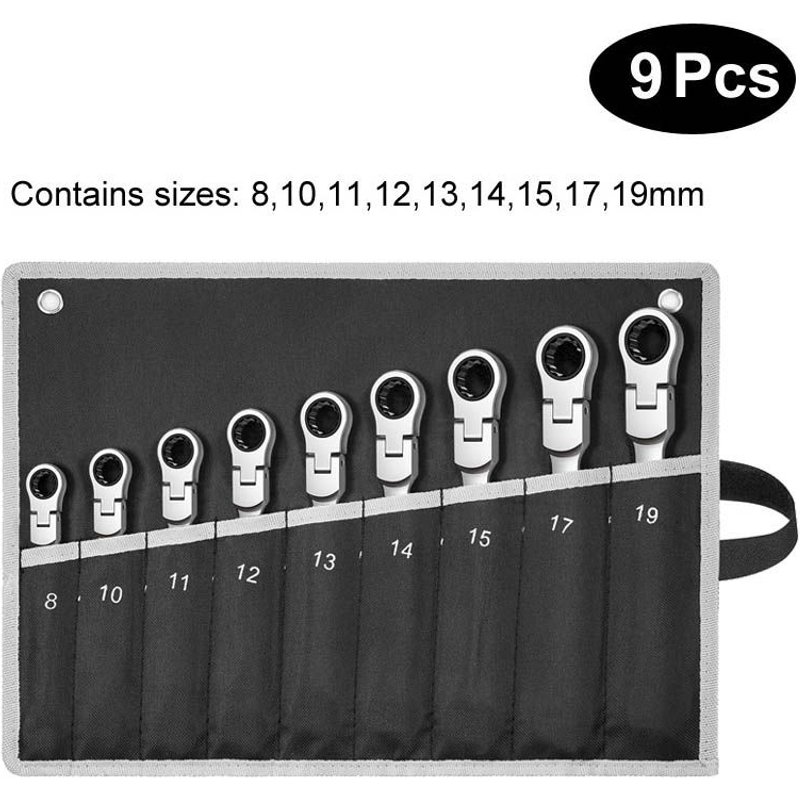 9pcs(8-19) Jeu de clés à cliquet combinées, jeu de clés à tête flexible en acier au Chrome Vanadium avec extrémité de boîte métrique à 72 dents, clé universelle ""Nipseyteko