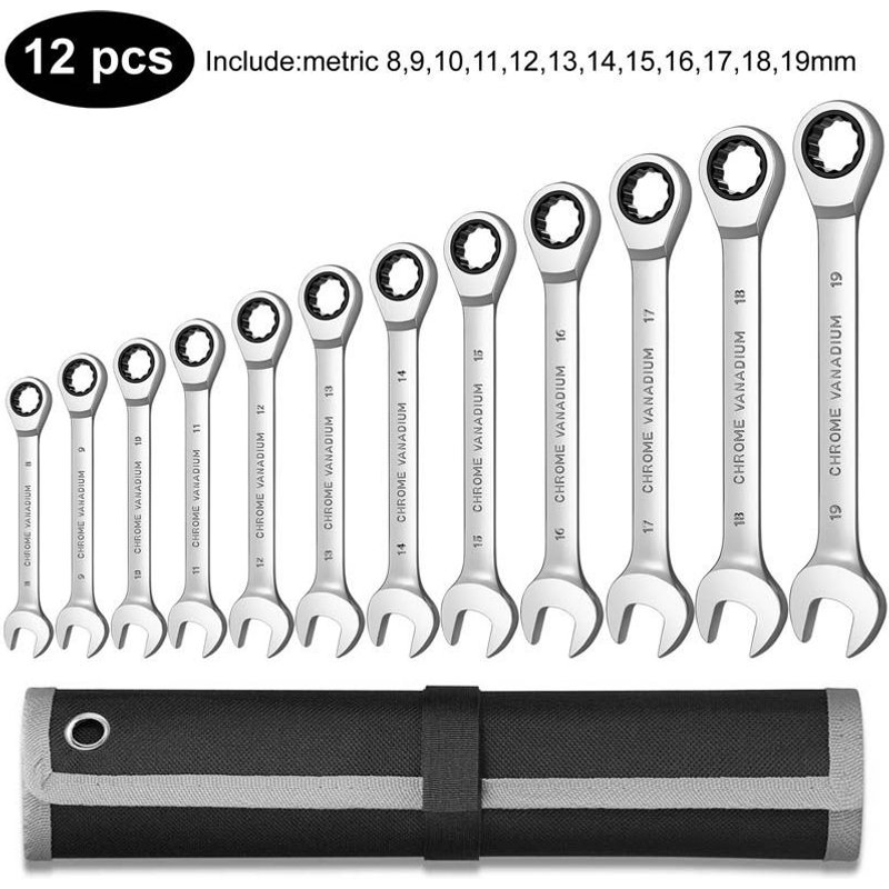 12pcs(8-19) Jeu de clés à cliquet combinées, outils à main pour la réparation de voiture, Kit de clés à extrémité métrique avec sac en toile ""Nipseyteko