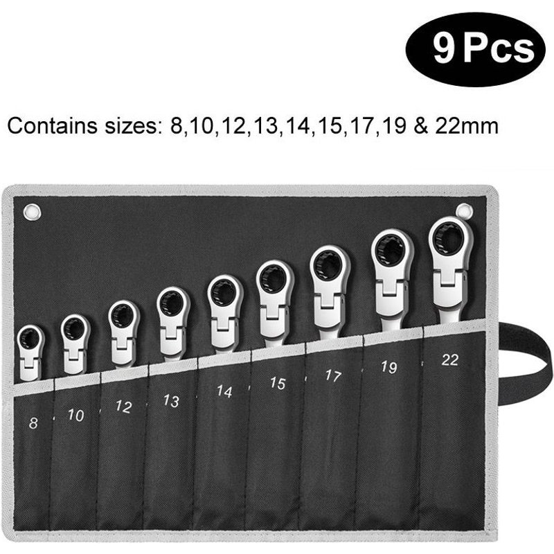 9pcs(8-22) Jeu de clés à cliquet à tête flexible, Kit professionnel de clés à extrémité combinée en acier au Chrome Vanadium, outils de réparation de Garage ""Nipseyteko