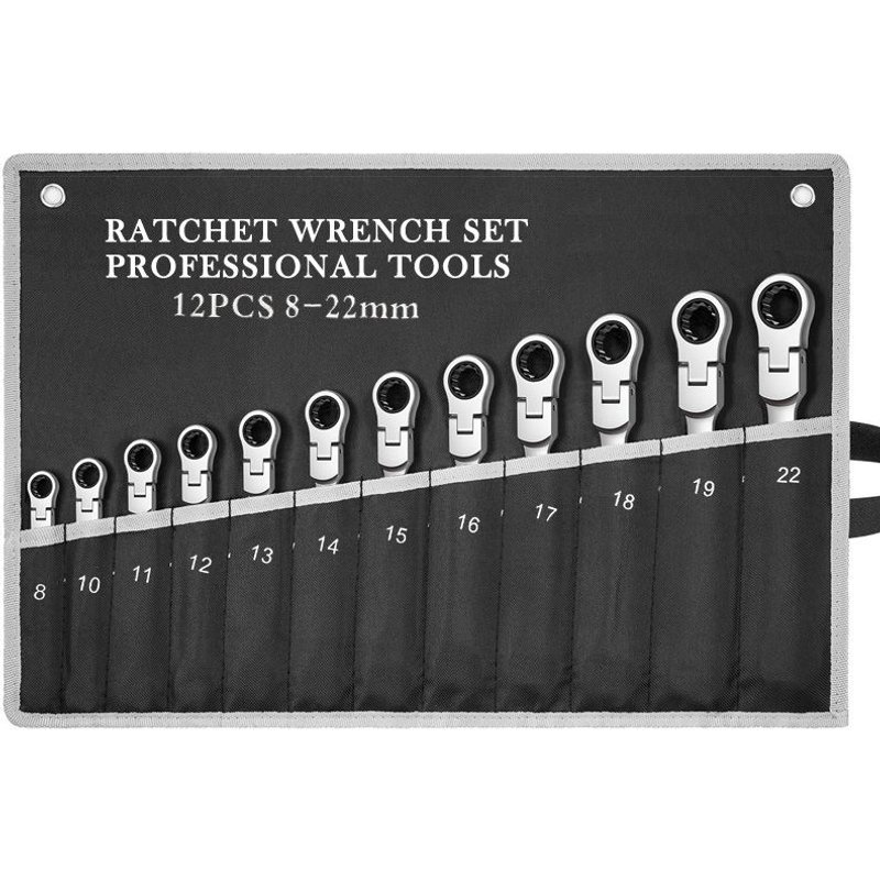 12pcs(8-22) Jeu de clés à cliquet à tête flexible, ensemble de 12 pièces, CR-V clés à cliquet professionnelles, Kit de clés à extrémité combinée avec sac en toile ""Nipseyteko