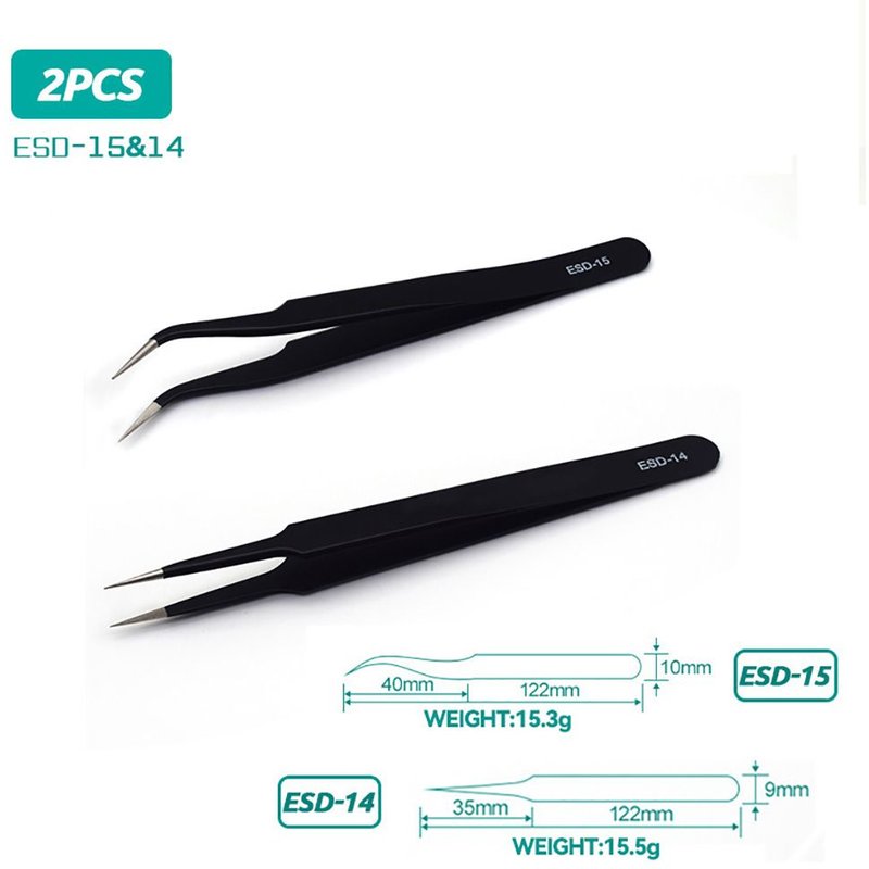 Option 2 ESD pincettes antistatiques en acier inoxydable, entretien de précision, réparation industrielle, outil incurvé, travail à domicile, fabrication de modèles ""Nipseyteko