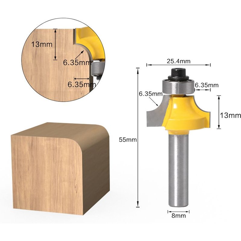 R6.35mm Mèche de routeur ronde d'angle 8mm avec roulement, fraise pour bois, outil de travail du bois, carbure de tungstène ""Nipseyteko