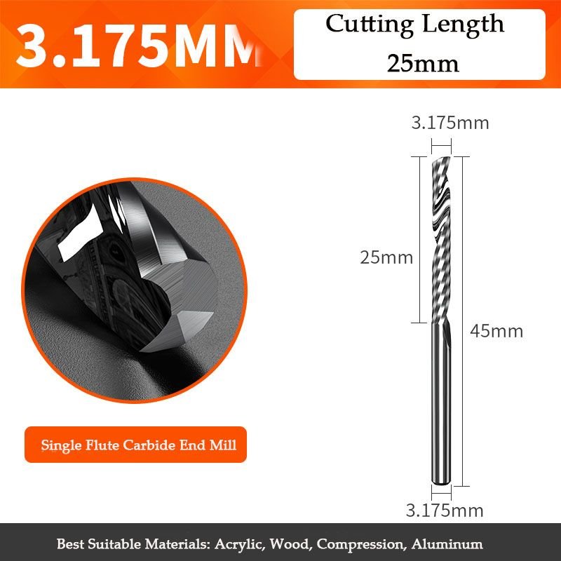 3.175-25-3.175D 1pcs Fraise CNC pour le travail du bois, métal, aluminium, PVC, fraise à cannelure unique, fraise en bout de pouce, mèche de gravure, fraise en spirale ""Nipseyteko