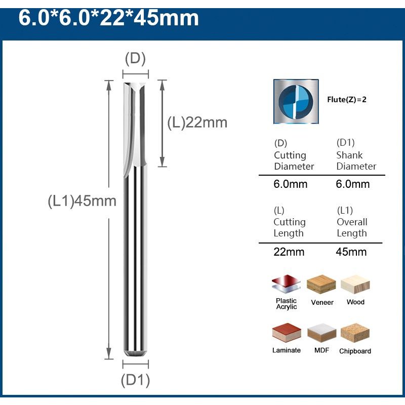 6x22x45 1pc XCAN – fraises CNC en carbure à 2 cannelures, tige de 4mm/6mm, extrémité droite, mèche de gravure, fraise à fente droite pour le bois, 1 pièce ""Nipseyteko