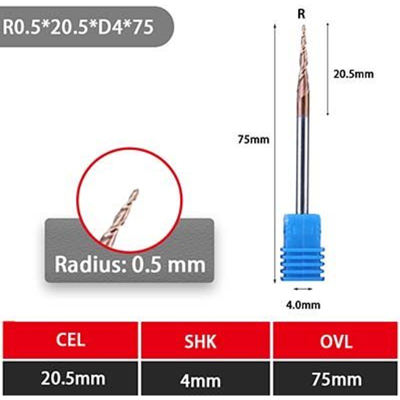 TAPERED R0.5-20.5l-D4-75L UCHEER – fraise CNC à bout conique en carbure de tungstène, 4mm 6mm, 1 pièce ""Nipseyteko