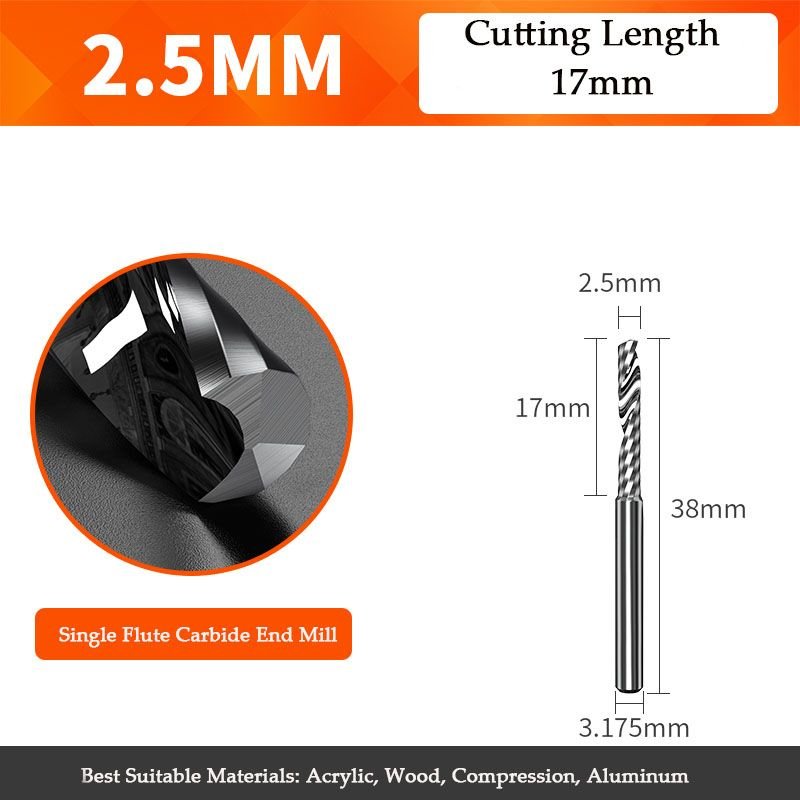 1pcs 2.5-3.175-17 Fraise cnc à cannelure unique en carbure 5A, outil de coupe en aluminium, pour le travail du bois ""Nipseyteko