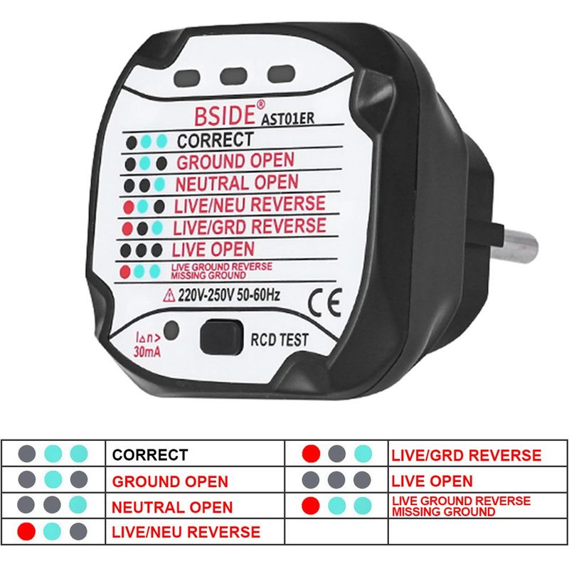 AST01 LED indication Prise anglaise BSIDE – testeur de prise numérique intelligente, détecteur de tension RCD GFCI NCV, testeur de sortie grand écran, prise EU US UK, ligne zéro terre ""Nipseyteko