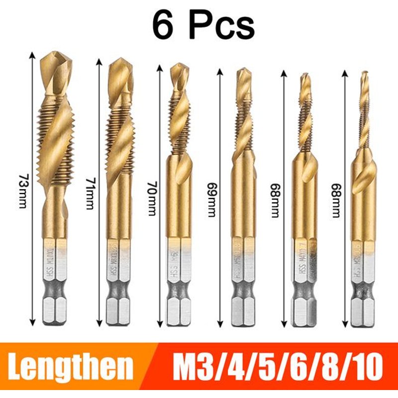 Gold-Lengthen Mèches à tige hexagonale M3-M10 plaquée titane HSS, filetage de vis, forets à taraud métrique, vis Machine filetage composé outils à main 6 pièces ""Nipseyteko