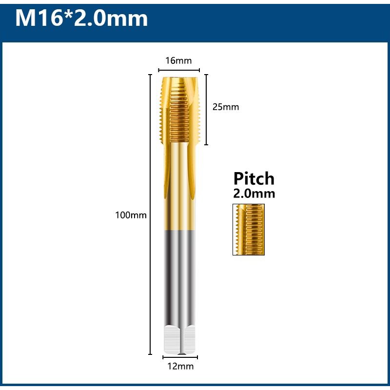 M16x2.0 Foret à vis à revêtement en titane HSS M2 M2.5 M3 M3.5 M4 M5 M6 M8 M10 M12, outils à main à filetage métrique à cannelure droite ""Nipseyteko