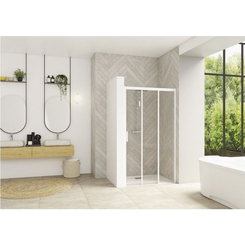 Porte de douche Smart Design 3 volets coulissants 140 profile blanc verre transparent droite