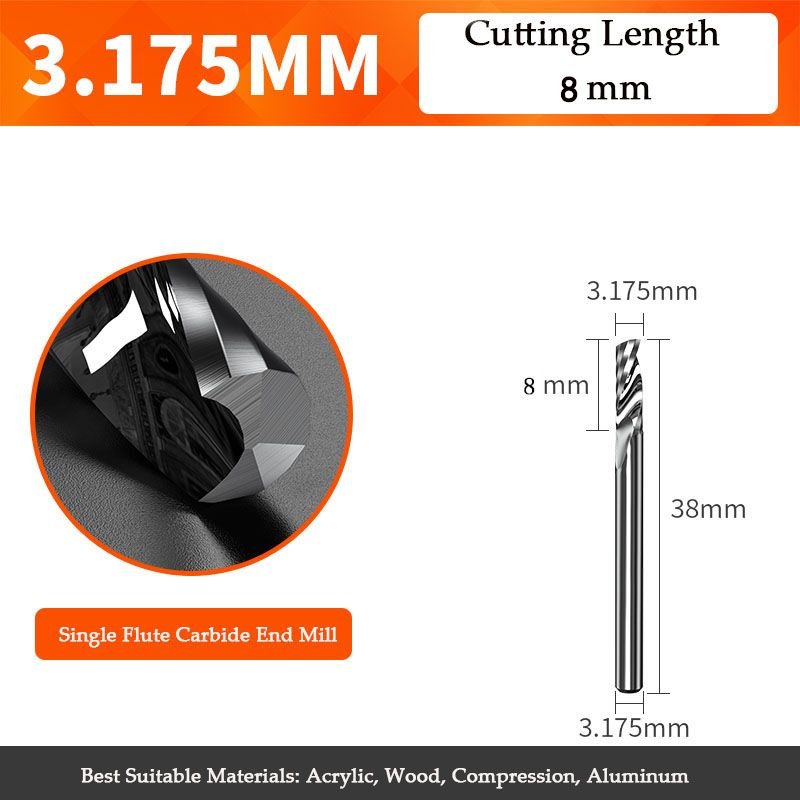 5pcs 3.175-3.175-8 Fraise cnc Ă cannelure unique en carbure 5A, outil de coupe en aluminium, pour le travail du bois ""Nipseyteko