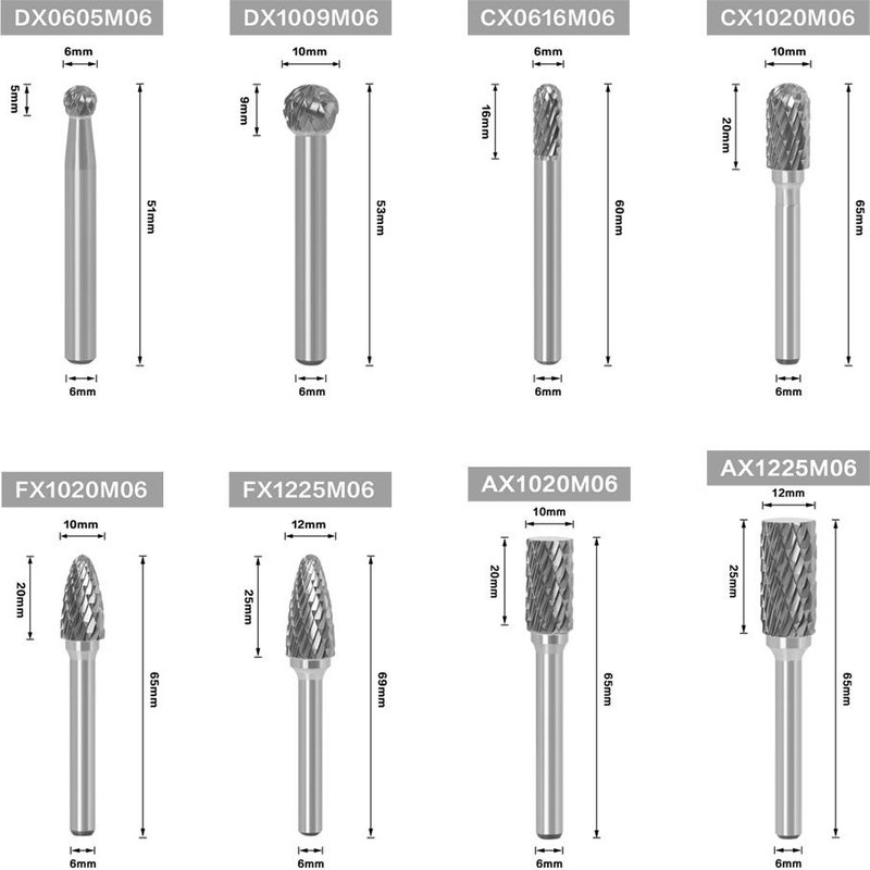 8pcs X(ACDF) Fraise en carbure de tungstène 6MM, dessin sur métal, outil rotatif, fraise, gravure CNC, outils abrasifs, travail des métaux, fraisage, polissage ""Nipseyteko