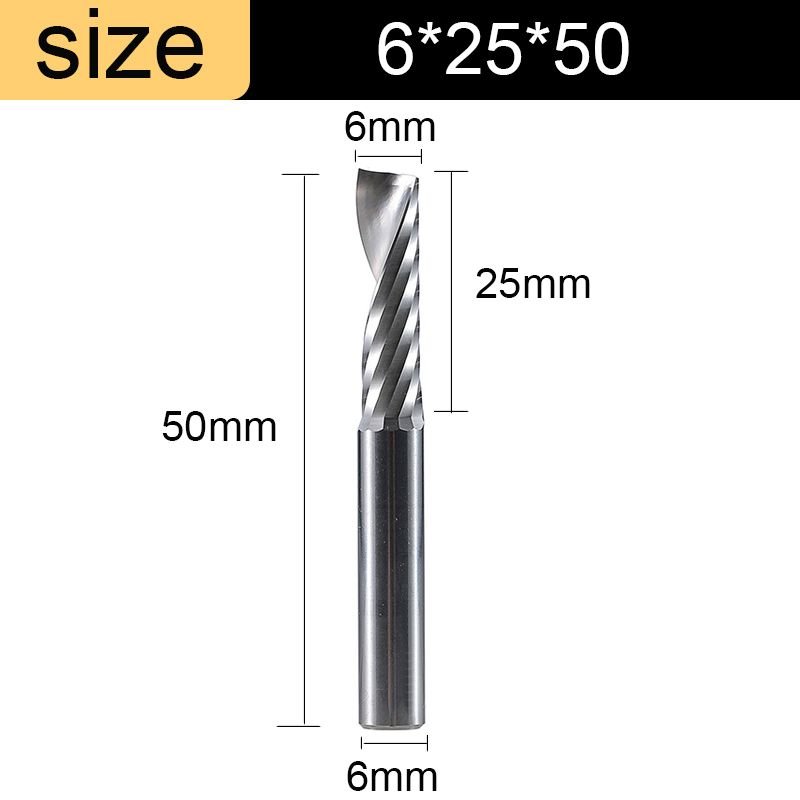 6x25x50 5pcs Fraises à spirale en carbure de tungstène, 1 cannelure, outils CNC pour bois acrylique MDF 3.175 4 6 8mm ""Nipseyteko