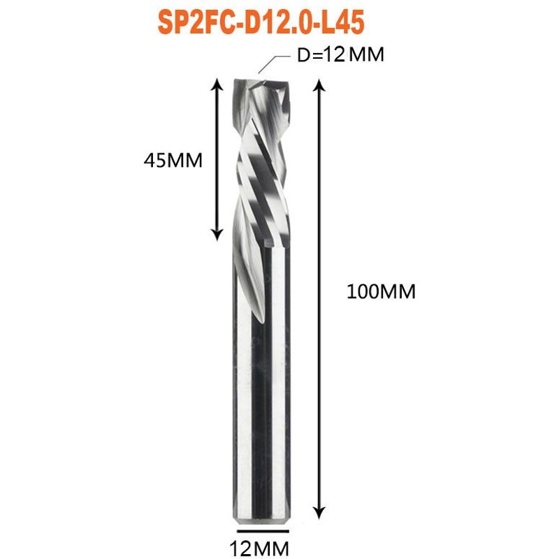 SP2FC-D12.0-L45 Fraise CNC à Compression, travail du bois, coupe haut et bas, deux cannelures spirale, carbure, routeur, fraises à bois ""Nipseyteko