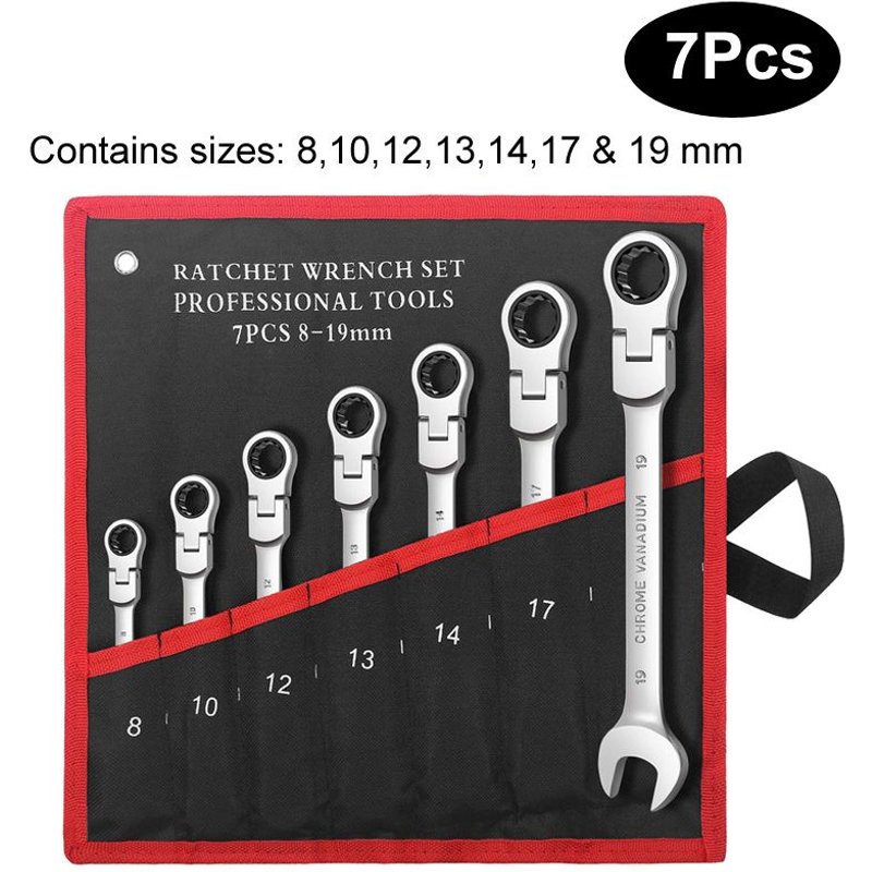 7Pcs Jeu de clés à cliquet à tête flexible,outils à main en acier et en chrome vanadium, kit mixte ""Nipseyteko