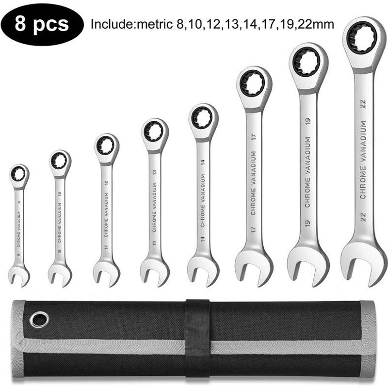 8pcs(8-22) Clé Combinée à cliquet Ensemble Métrique En Acier Au Chrome Vanadium ensembles d'outils À Main Universel Clés Clé avec Sac De Transport ""Nipseyteko