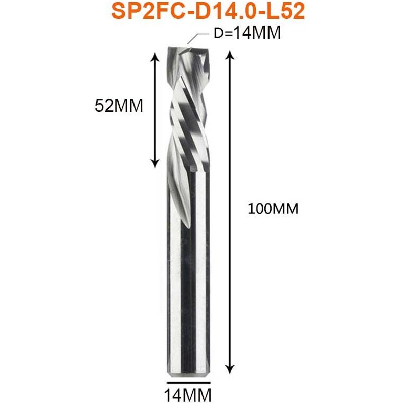 SP2FC-D14.0-L52 Fraise en carbure en spirale pour le travail du bois, 2 cannelures de coupe en haut et en bas, routeur CNC, fraises à bois à Compression ""Nipseyteko
