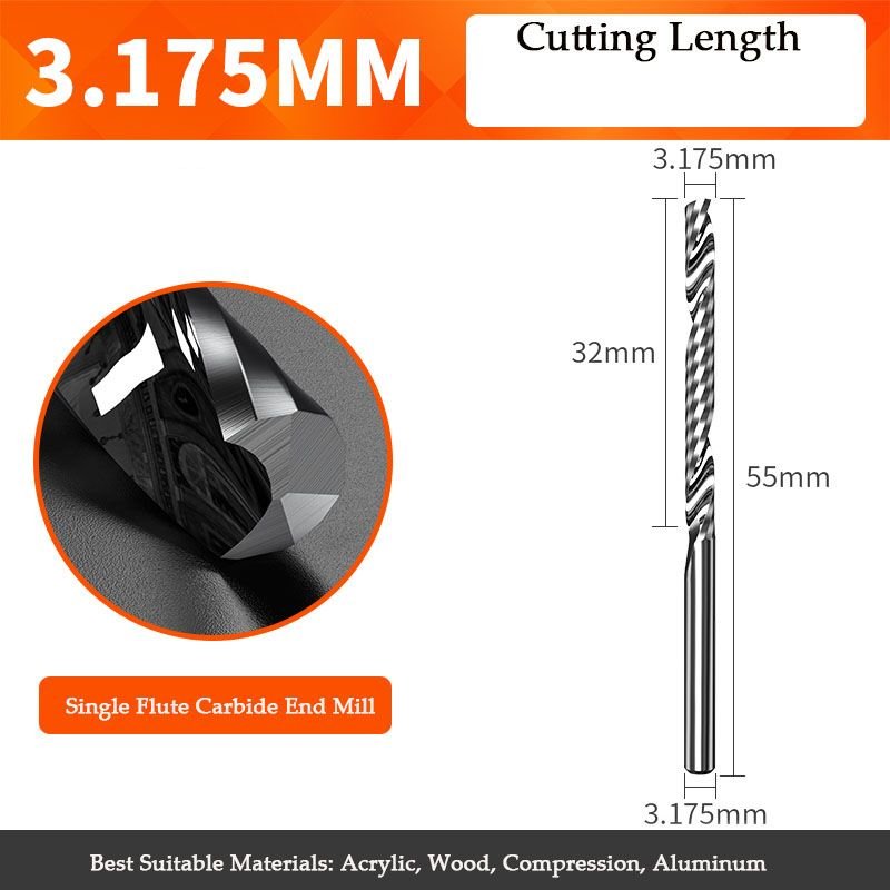3.175-32-3.175D 10pcs Fraise CNC pour le travail du bois, métal, aluminium, PVC, fraise à cannelure unique, fraise en bout de pouce, mèche de gravure, fraise en spirale ""Nipseyteko
