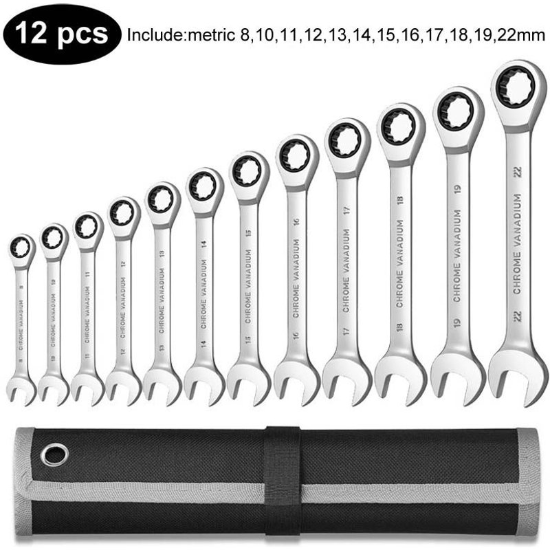 12pcs(8-22) Clé Combinée à cliquet Ensemble Métrique En Acier Au Chrome Vanadium ensembles d'outils à Main Universel Clés Clé avec Sac De Transport ""Nipseyteko