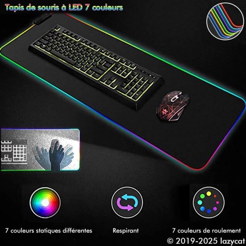 Tapis de Souris Gamer Lumineux Tapis de souris LED Light, Gaming Mouse Pad avec LED Rétro-Eclairage RVB avec câble USB, 780x 300 x 4