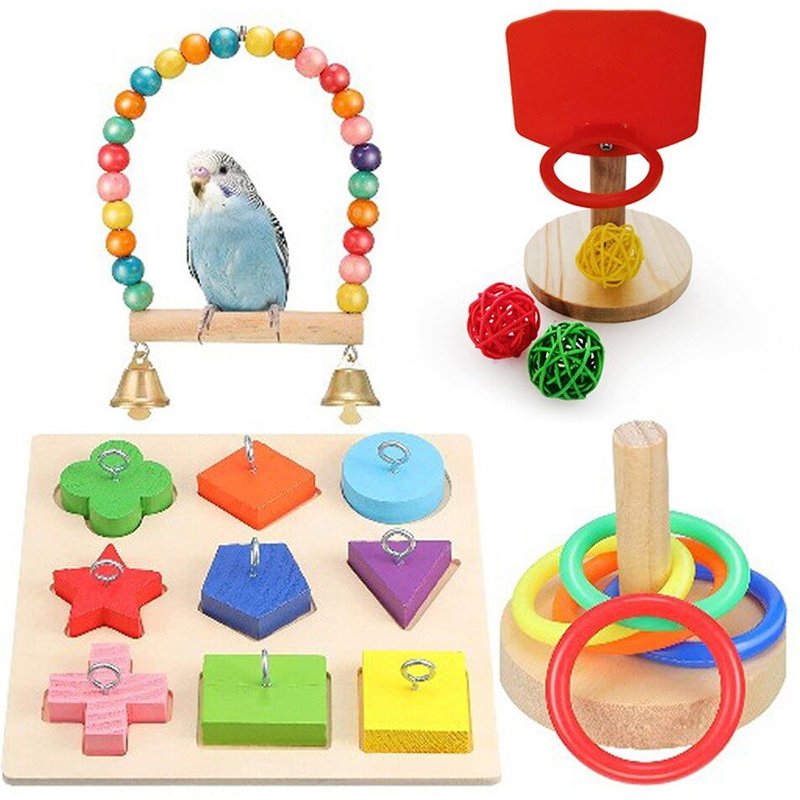Cloches En Bois 4 Pièces, Jouets Cage À Oiseaux, Fournitures Créatives Pour Perroquets, Panier De Basket-Ball, Anneau De Balançoire, Puzzle Pour Animaux De Compagnie