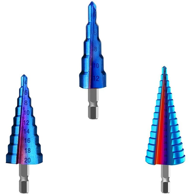 foret Ă©tagĂ© Ă cannelure droite revĂȘtue de bleu, coupe-trou en acier Ă grande vitesse, outils Ă©lectriques de perçage en cĂŽne pour le bois et le mĂ©tal