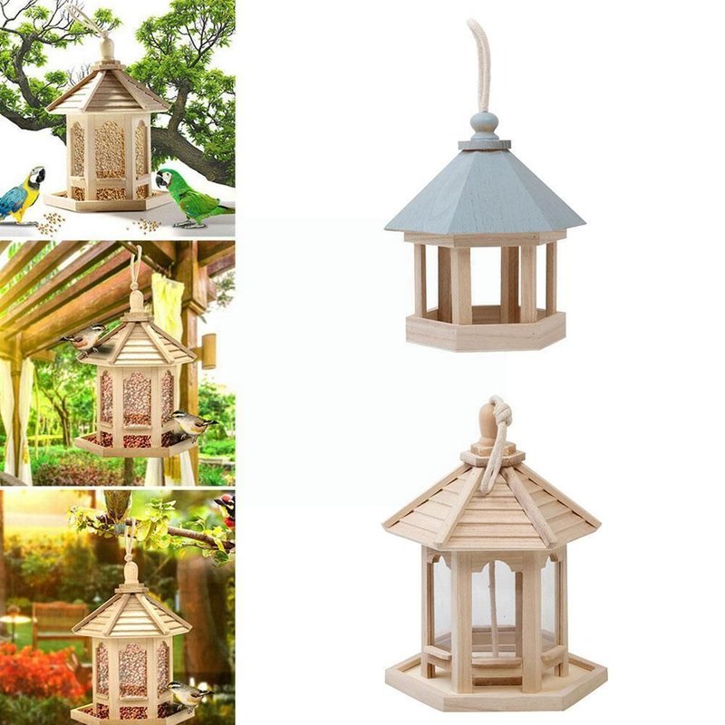 Distributeur D'aliments Pour Oiseaux Sauvages, Grande Capacité 1000ml, Mangeoire En Bois, Toit Hexagonal, Maison, Oiseau Avec Décoration En Forme De Maison, G Q8z9