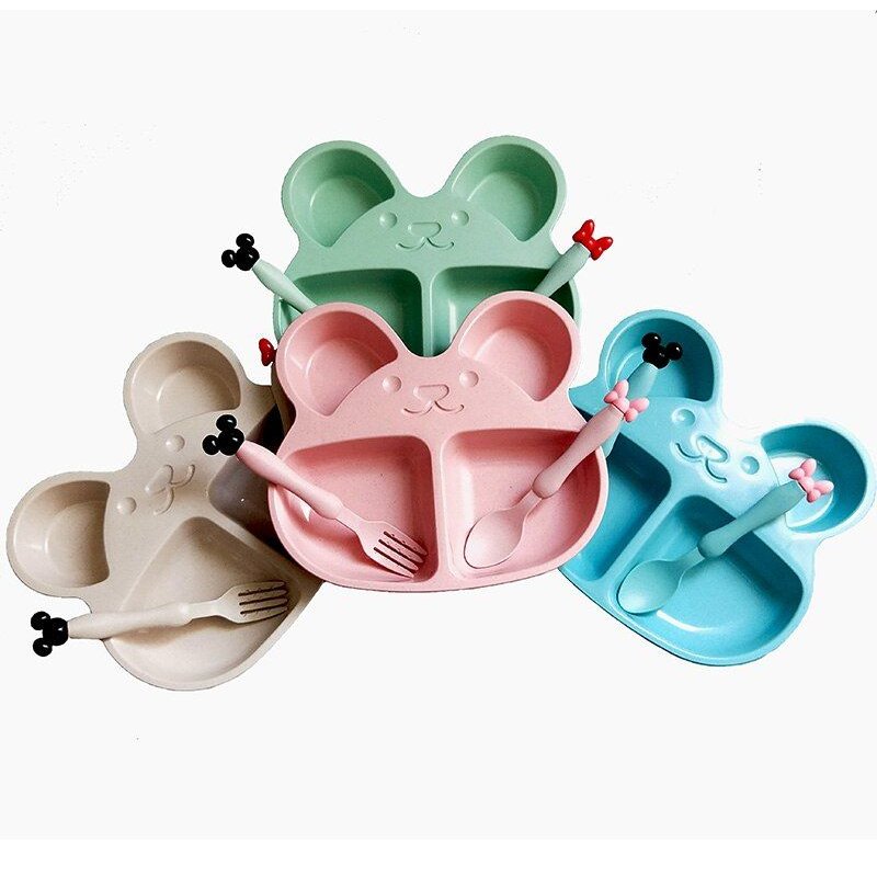 Assiettes En Paille De Blé Pour Bébé, Bol D'entraînement, Cuillère Et Fourchette, Ours Mignon, Ensemble De Vaisselle Pour Enfants, Emballage Opp