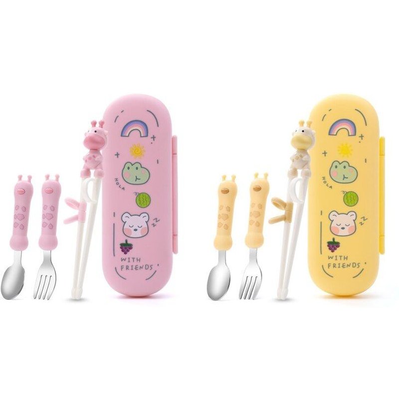 Baguettes En Forme De Cerf En Acier Inoxydable, 4 Pièces, Cuillère, Fourchette, Auto-Alimentation, Aide À L'apprentissage, Ensemble Avec Étui De Rangement