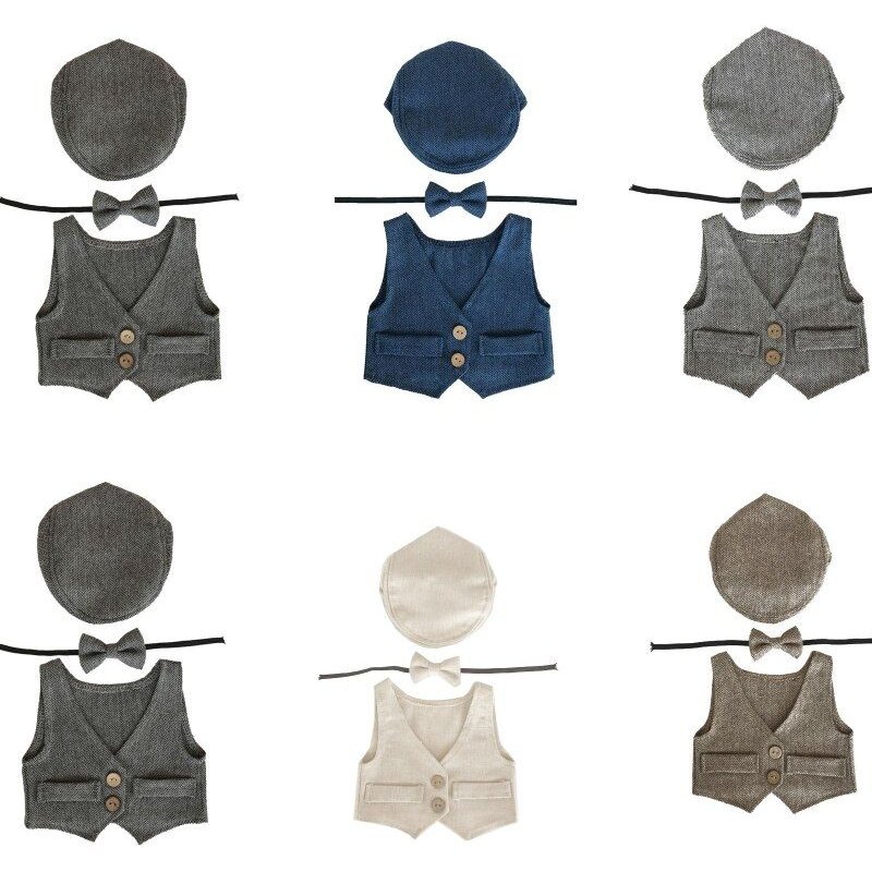 Accessoires De Photographie Pour Nouveau-Né, Bonnet, Chapeau, Noeud Papillon, Gilet, Tenues De Couleur Unie, Vêtements De Prise De Photo Pour Nourrissons, 3 Pièces