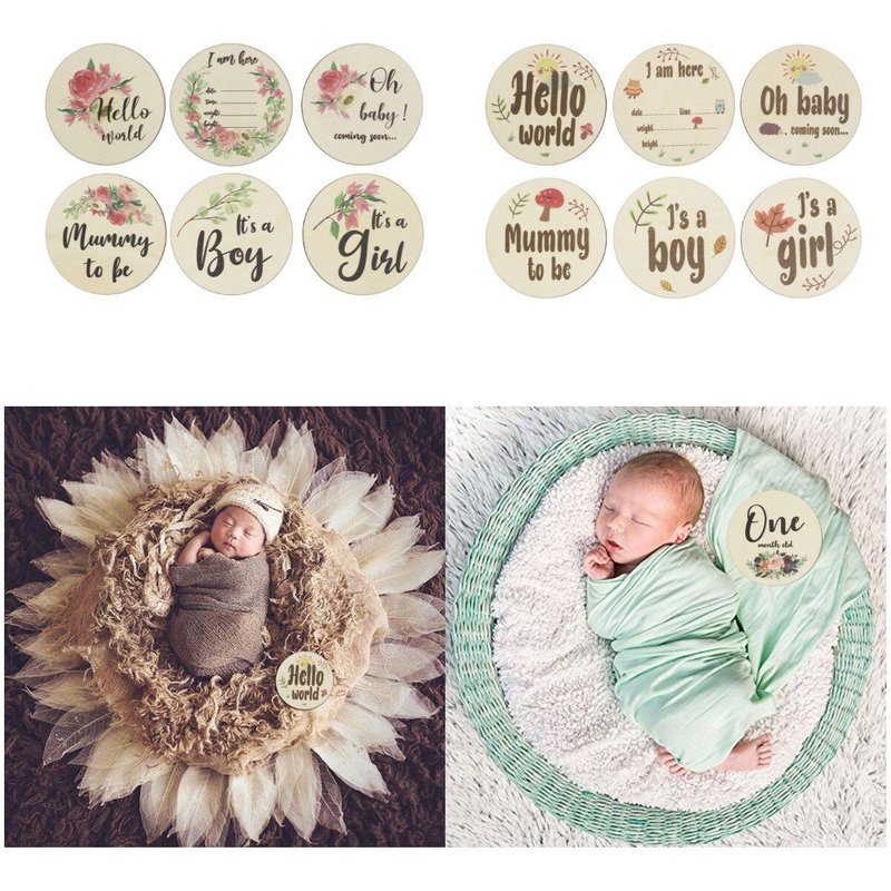 Cartes De Bébé Faites À La Main, 6 Pièces, Cornes De Cerf De Dessin Animé Imprimé Floral, Cartes De Sexe/Mois En Bois Pour Nouveau-Né, Livraison Mensuelle