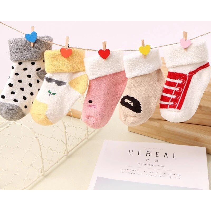 5 Paires De Chaussettes Chaudes À Bande Pour Bébé, Chaussettes De Sol Épaisses Pour Nouveau-Né, Motif Étoile, Mignon, Dessin Animé, Automne Et Hiver