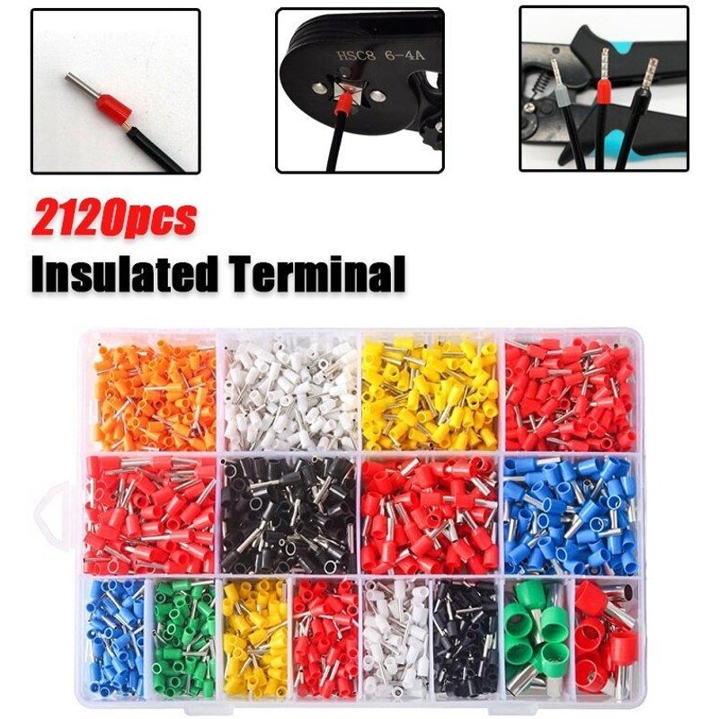 Borne à sertir tubulaire VE, boîte de 2120 pièces, fil électrique, bloc de terminateur isolé, connecteur d'extrémité de cordon, Kit de bornes à sertir