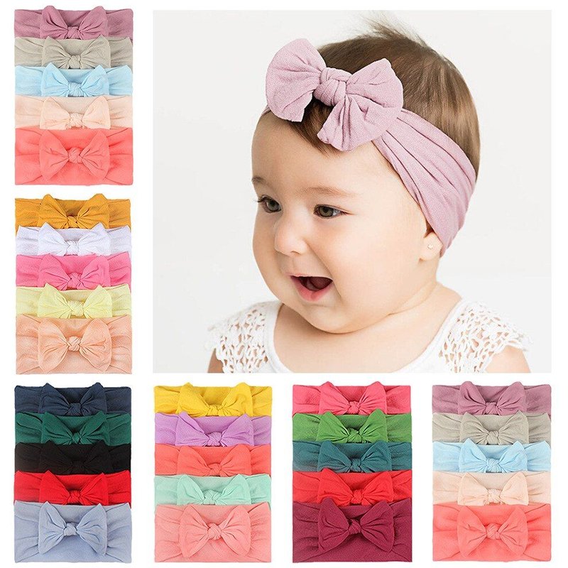 Bandeau À Noeud Large, Couleur Unie, Ensemble De 5 Pièces, Pour Enfants Filles, Bandeau Élastique Pour Bébé, Turban Boutique, Accessoires Pour Cheveux
