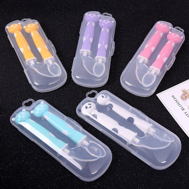Cuillère En Silicone Multicolore Double Face, 2x14.5cm, Accessoires Pour Bébé, Dessin Animé, Cuillère D'entraînement Pour Bébé, Vaisselle D'alimentation Pour Bébé, 2 Pièces