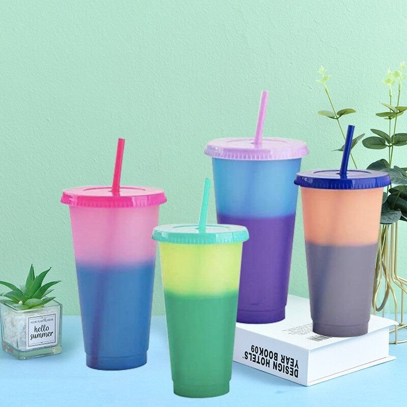Tasse En Plastique Colorée, Couleur Arc-En-Ciel, Changement De Température, Pour Boire De L'eau, Avec Paille, Pour Bébés Et Enfants, Nouvelle Collection, 1 Pièce
