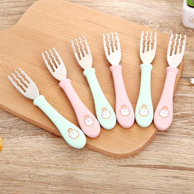 Cuillère D'alimentation En Silicone Pour Enfants, Dessin Animé, Pointe Souple, Longue Poignée, Diverses Fourchettes En Acier Inoxydable Pour L'alimentation De Bébé, 1 Pièce