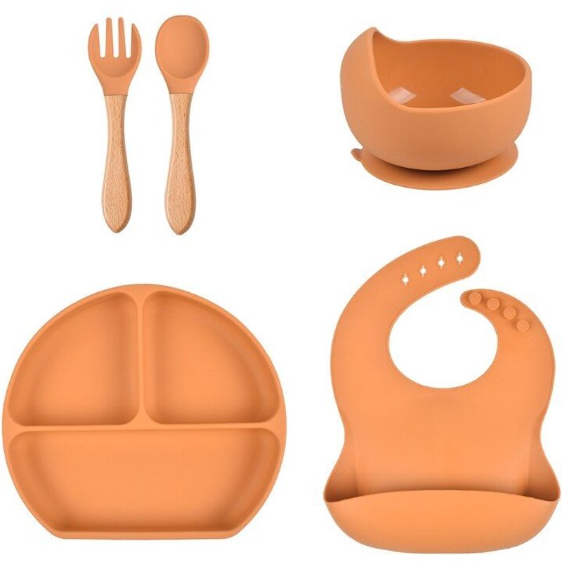 Bavoirs En Silicone Pour Bébé, 5 Pièces, Assiette À Dîner Divisée, Bol À Ventouse, Cuillère Fourchette, Ensemble D'entraînement, Alimentation, Ustensiles, Vaisselle, Kit Qx2d