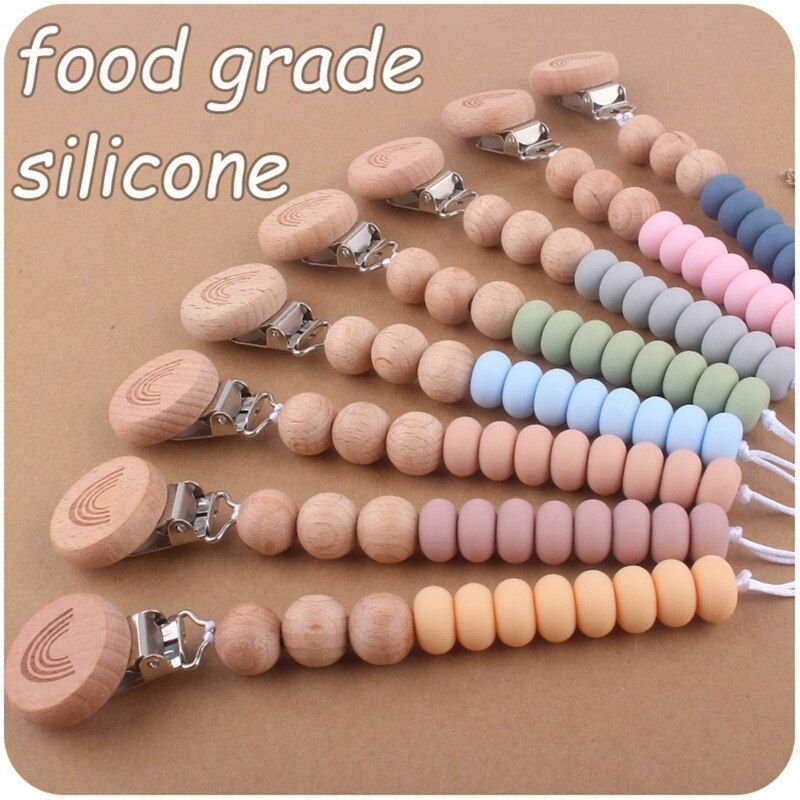 Attache-Tétine En Silicone Pour Bébé, Perles Plates Colorées, Chaîne De Dentition En Bois, Attache-Tétine Pour Nourrisson, Porte-Tétine Factice, Anneau De Dentition À Mâcher
