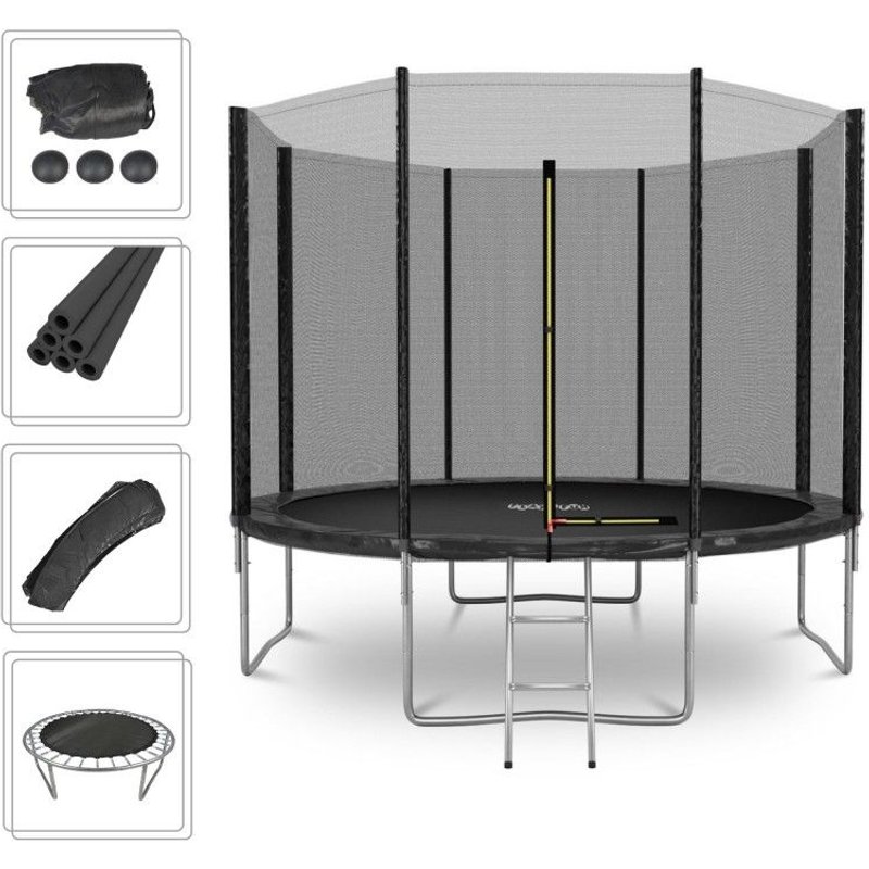 Trampoline De Jardin Deluxe Ø305cm Noir - Avec Filet De Sécurité, Tapis De Saut, Coussin De Protection, Echelle - Noir