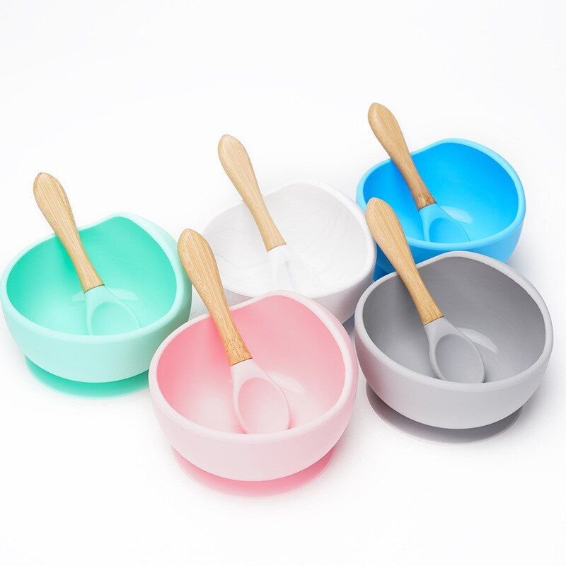 Vaisselle En Silicone Pour Bébé, Assiette À Manger, Bol Avec Cuillère En Bois, Fixation Par Ventouse, Vaisselle D'aide Pour Enfants, Sans Bpa, Fournitures D'alimentation Pour Bébé