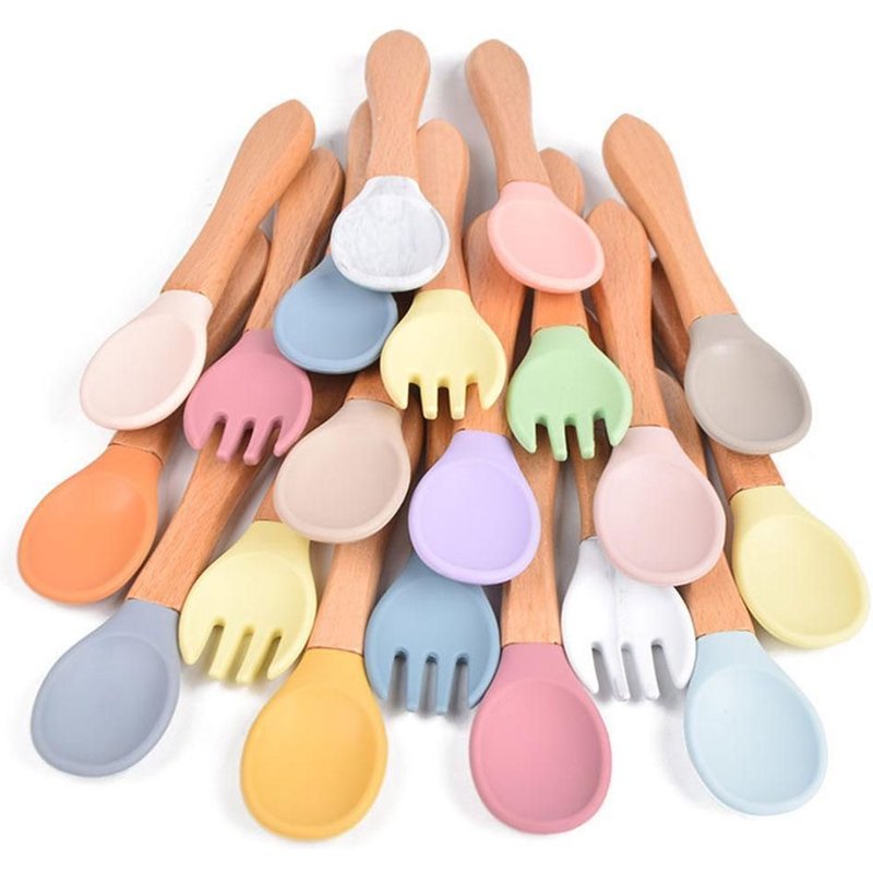 Ensemble Cuillère Et Fourchette En Silicone, Manche En Bois, Couleur Bonbon, Ustensiles D'alimentation Pour Bébé, Plats Pour Enfants, Cuillère Antidérapante, Fourchette, Vaisselle
