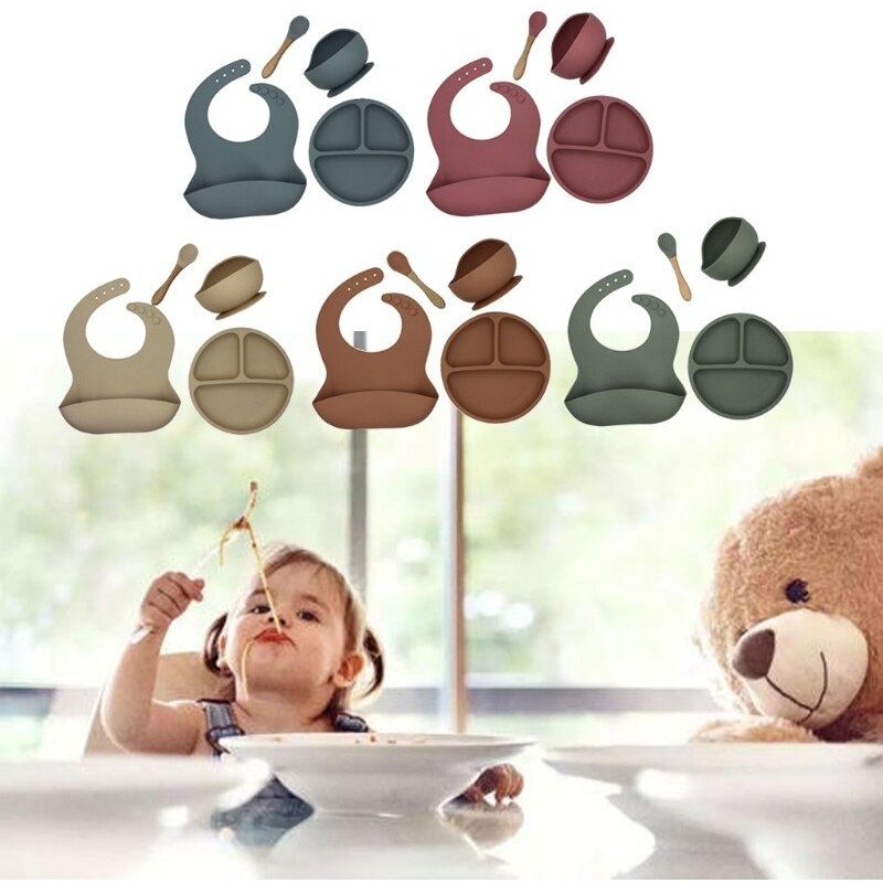 Vaisselle En Silicone Sans Bpa Pour Bébé, Bavoir Étanche, Assiette À Dîner De Couleur Unie, Bol À Ventouse Et Cuillère Pour Enfants 4 Pièces/Ensemble