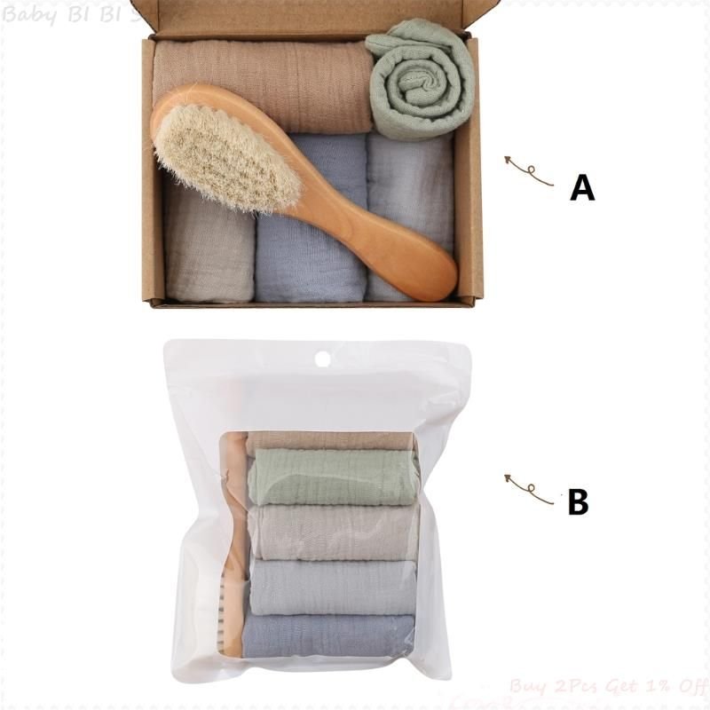 Serviette Carrée En Coton Doux Pour Bébé, 1 Ensemble, Bavoir D'alimentation, Avec Brosse À Cheveux Pour Nouveau-Né, Gant De Toilette Pour Le Visage, Mouchoir