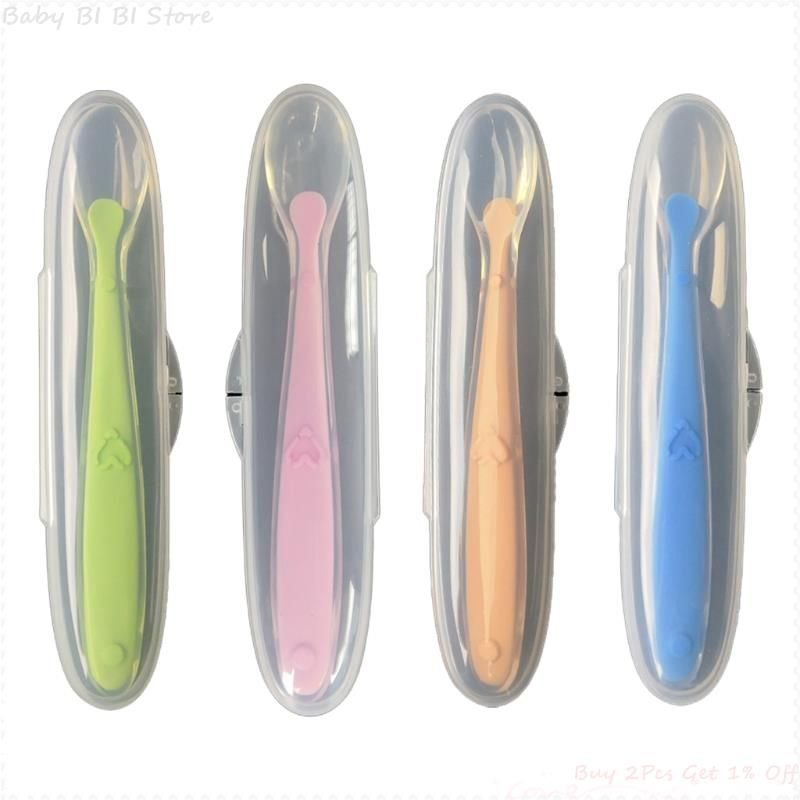 1 Set Bébé Cuillère Souple En Silicone Avec Boîte De Rangement De Bonbons Couleur Cuillère Enfants Nourriture Scoop Formation Mangeoire Ustensile