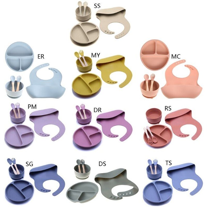 Vaisselle D'alimentation Pour Bébé Sans Bpa, En Silicone De Qualité Alimentaire, Bol Bavoir Napperon Fourchette Cuillère Ensemble D'alimentation Pour Bébé, Fournitures Pour 5 Pièces/Ensemble