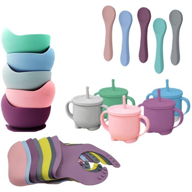 Ensemble De Bavoirs En Silicone Pour Bébé, Bol À Ventouse, Cuillère, Tasse À Paille, Formation Alimentation, Ustensiles, Vaisselle, Kit De Table Pour Nouveau-Né, 4 Pièces