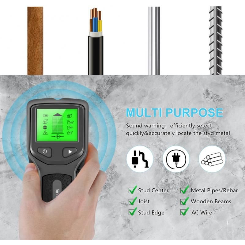Détecteur mural multifonction 5 en 1 avec écran LCD, détecteur de métaux, recherche de broche en bois, détecteur de câbles métalliques, Scanner mural avec avertissement ca