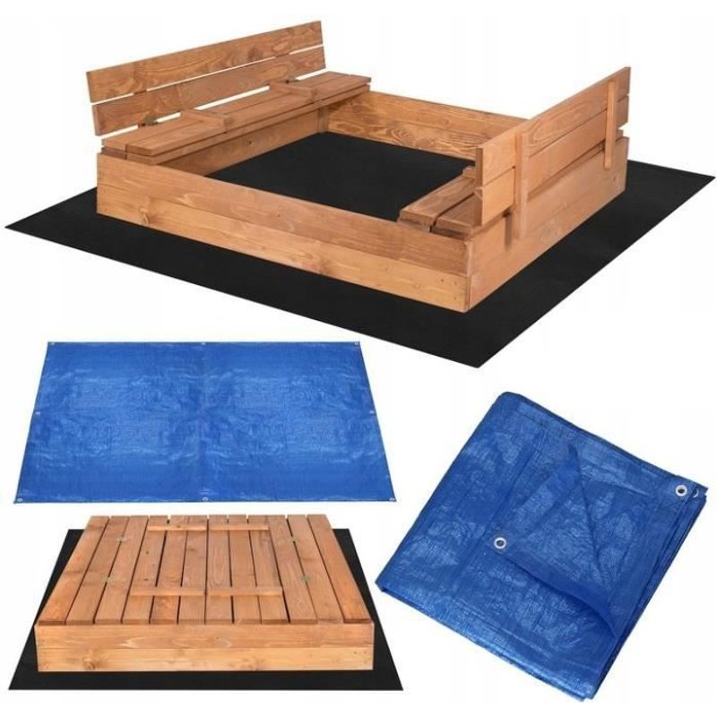 Springos® Bac À Sable En Bois Avec Bancs 120 X 120cm Sol En Non-Tissé Couverture Bois Imprégné Bac À Sable Pour Enfants Aire De Jeux