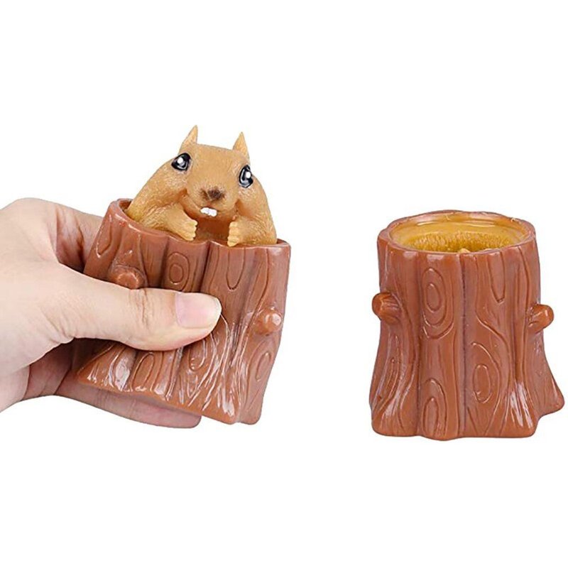 Tasse D'écureuil En Caoutchouc À Presser Jouet Pour Enfants Mal Décompression Arbre Souche Chêne Mignon Porte-Stylo Télescopique Miniature Jeu Cadeau